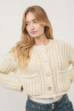 Long Sleeve Chunky Knit Cropped Cardigan Cream