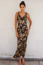 Sleeveless Cowl Neck Twisted Back Floral Print Maxi Dress Black