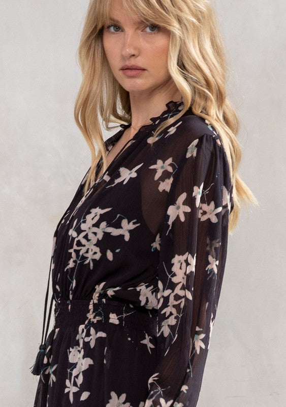 Long Sleeve Floral Print Mini Dress Black