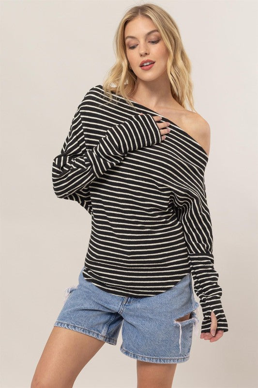 Long Sleeve One Shoulder Striped Sweater Top Black