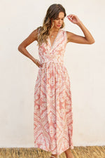 Sleeveless Paisley Print Scalloped Midi Dress Pink