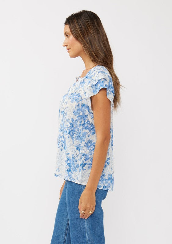 Waitlist 2/10 ♥ Doreen Short Ruffle Sleeve Floral Print Top Blue