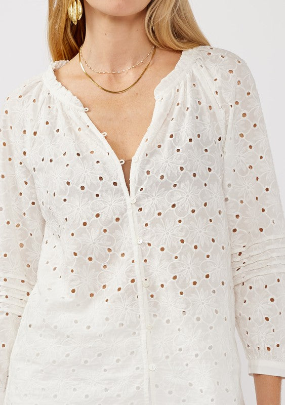 Long Sleeve Button Down Eyelet Top White