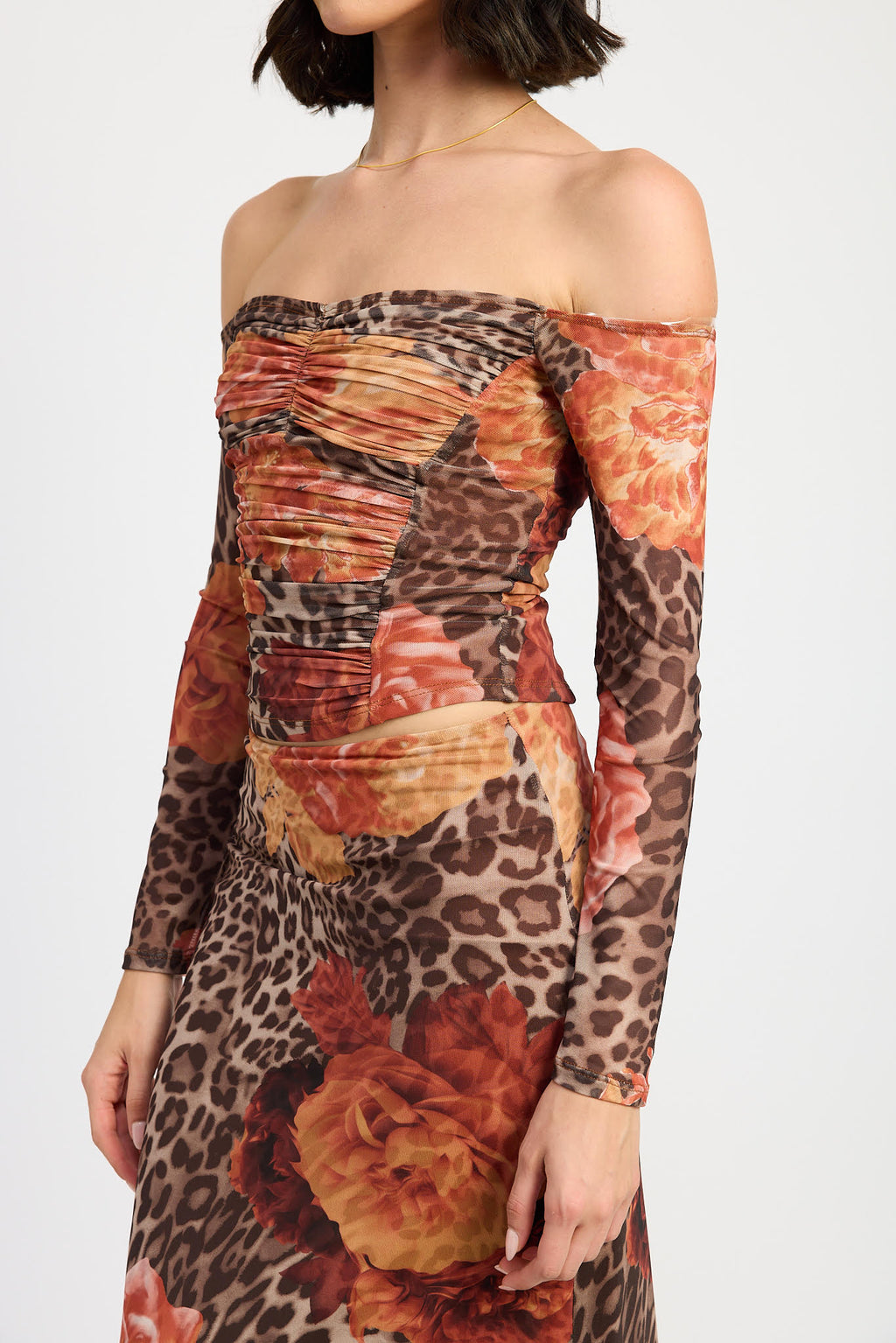 Waitlist 11/10 ♥ Taryn Off The Shoulder Leopard Floral Print Mesh Top And Maxi Skirt Brown