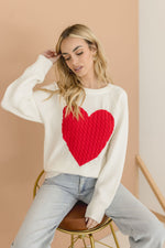 Crew Neck Heart Print Sweater White