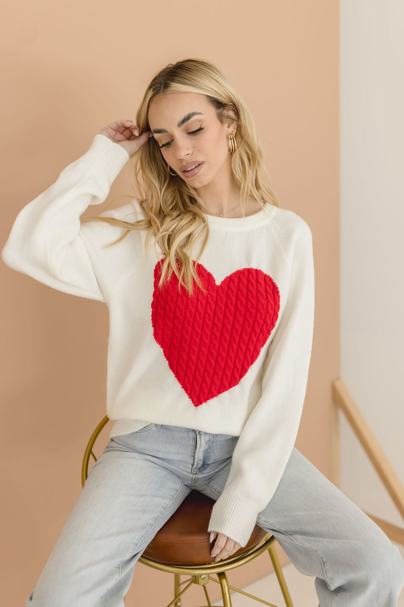 Crew Neck Heart Print Sweater White