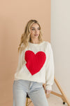 Crew Neck Heart Print Sweater White