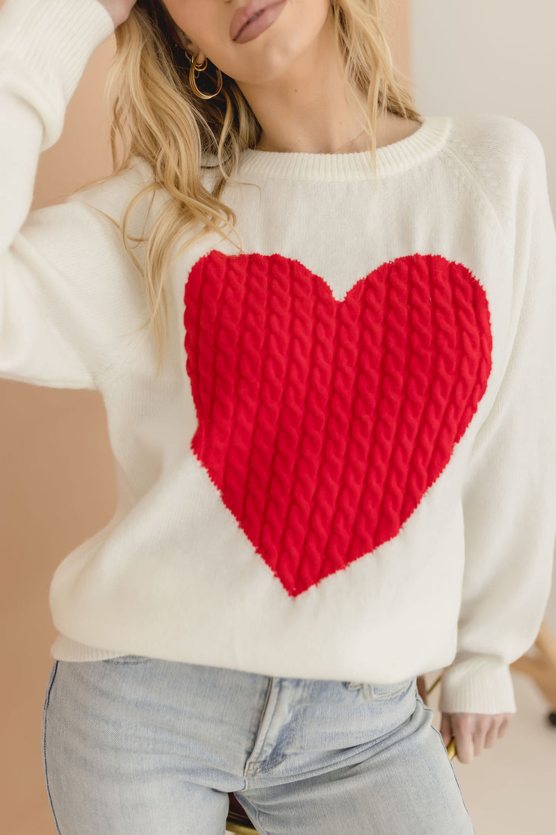 Crew Neck Heart Print Sweater White