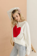 Crew Neck Heart Print Sweater White