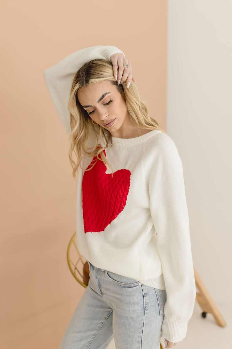 Crew Neck Heart Print Sweater White