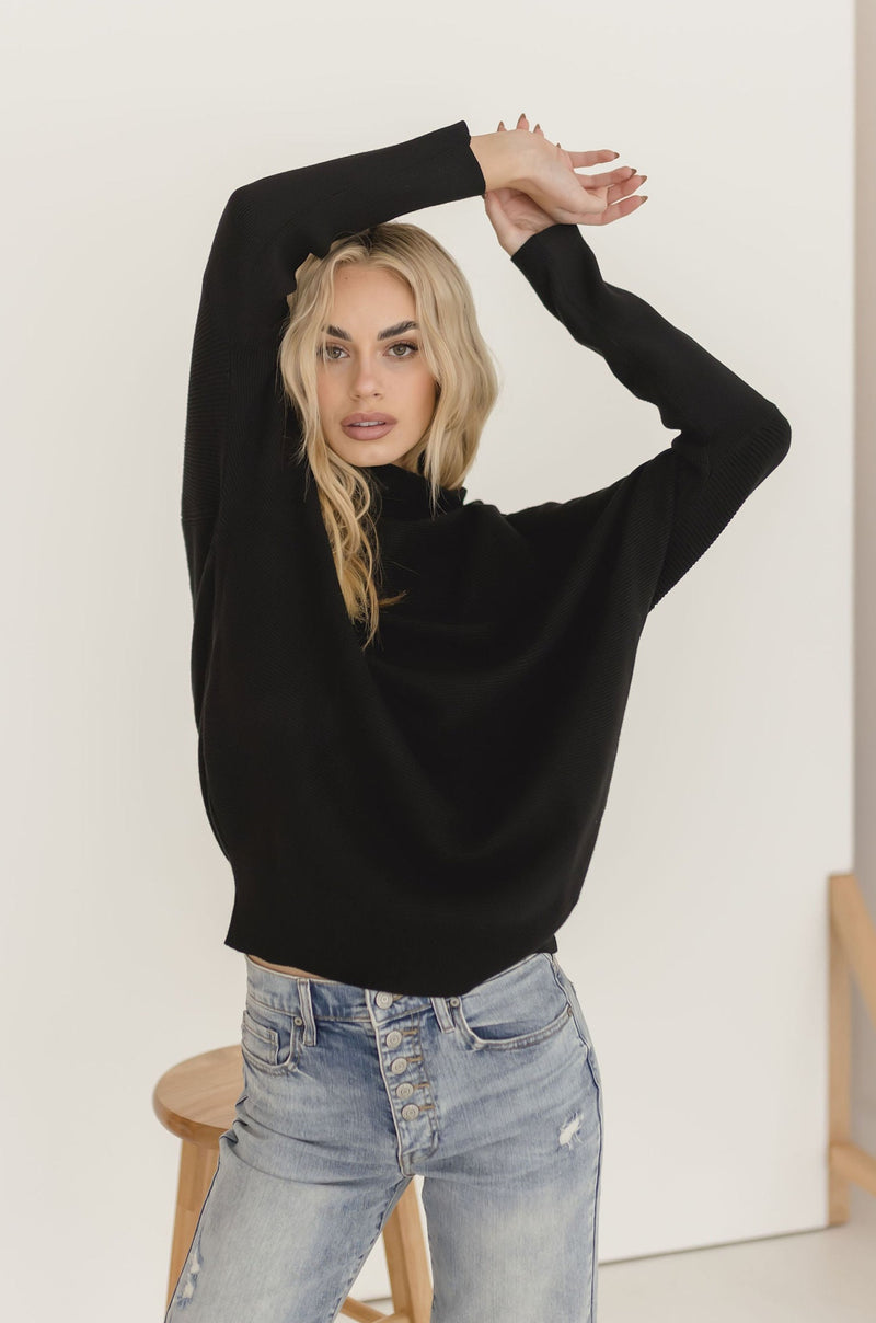  Long Sleeve Slouched Funnel Neck Sweater Black